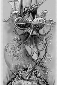 Squid pirate ship manuscript tattoo pattern