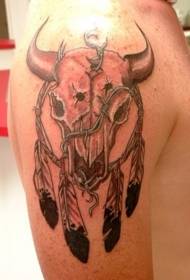 ძირძველი Indian Bull Skull Feather Tattoo Model