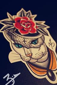 彩色个性猫咪玫瑰花纹身手稿图片