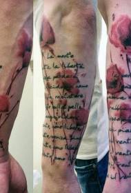 arm realistiese blomme en letter tatoeëring patroon