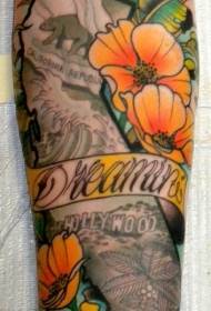 dolç memorial flor multicolor i braç de lletres d’animals Patró de tatuatge