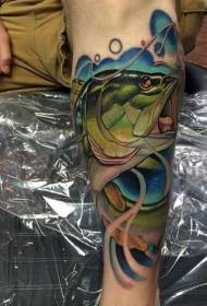 Arm natural colored big fish hook tattoo pattern