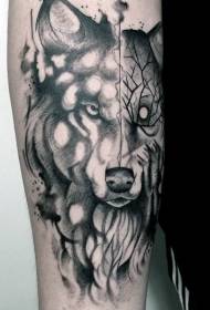 lobo misterioso braço preto com padrão de tatuagem de galho