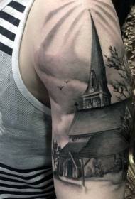 ruku vrlo realističan realističan stari crkveni uzorak crne sive tetovaže