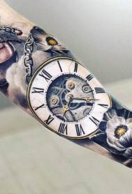 arm very realistic colorful clock and flower tattoo pattern
