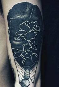 arm zwart en witte bloemen en anoniem portret tattoo-patroon