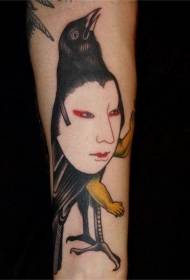 braço estilo asiático metade do rosto feminino meio pássaro tatuagem padrão