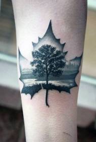 siluetta di foglia d'arce grande cù mudellu di tatuaggi di braccio di l'arbre solitario)