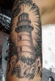 black and white realistic lighthouse arm tattoo pattern