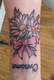 arm colored small daisies And pink butterfly tattoo pattern