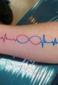 símbolo de infinito de braço vermelho e azul com padrão de tatuagem de ECG