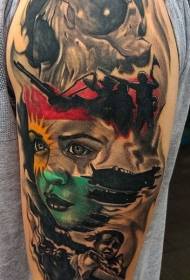 braço enorme guerra multicolorida tema retrato tatuagem padrão