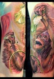 brazo lindo mono realista realista y patrón de tatuaje pintado de flores