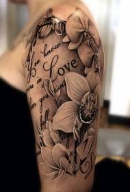 velika crno-bijela lijepa shema tetovaže orhideja i slova