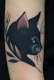 Kol basit siyah kedi ve yaprak dövme deseni