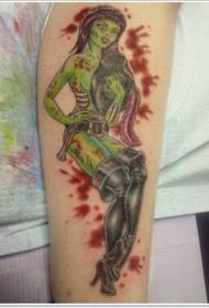 mkono kijani kijani-inayotolewa zombie mwanamke muundo wa tattoo