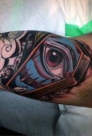 old school arm gekleurde doodskist met eng oog tattoo patroon