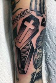 arm simple small coffin with cross letter black and white tattoo pattern