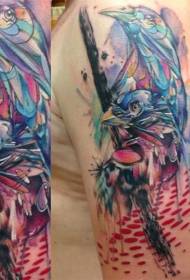 big arm watercolor style colored bird tattoo pattern