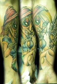 Estilo de dibujos animados de brazo pintado malvado monstruo femenino y patrón de tatuaje de pistola