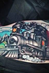 Arm Cartoon-Stil farbigen Dampfzug und Tunnel Tattoo-Muster