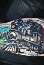 arm cartoon stijl gekleurde stoomtrein en tunnel tattoo patroon