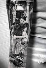 Arm realistic style touching father and son scene tattoo pattern
