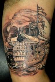 sailboat ຫົວຂໍ້ nautical ປະສົມປະສານກັບຮູບແບບ tattoo skull
