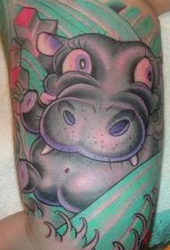 hippo kartun berwarna lengan lan pola tato latar mburi ijo