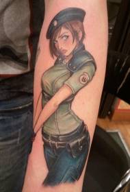 Brazo estilo de dibujos animados color militar chica tatuaje patrón