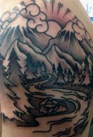 ръкава река и гора черно-бял модел татуировка