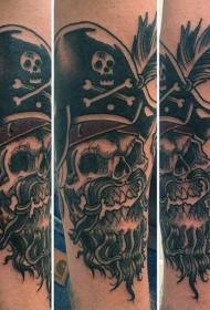 brazo patrón de tatuaxe de pluma de calavera de pirata en branco e negro