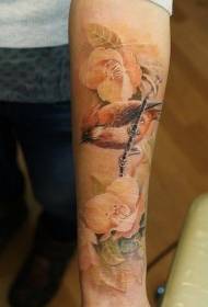 arm realistic oil painting style multicolored flowers and bird tattoo pattern