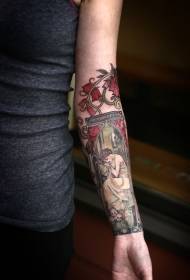 modello di tatuaggio ritratto di donna triste multicolore braccio vecchia scuola
