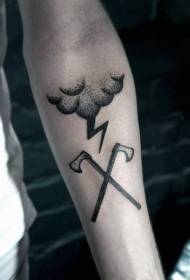 a pair of cross axe and lightning cloud sting arm tattoo pattern