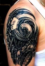 black mechanical tattoo pattern on the arm