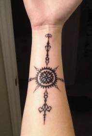 arm mysterious tribal style black sun tattoo pattern