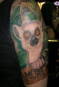 Groot koel kleurvolle lemur en tropiese blaar tatoeëring patroon