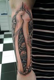 Small arm bones and biomechanical gear tattoo pattern