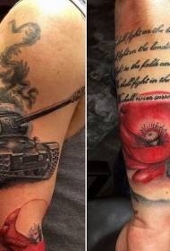 Braccio lettere di fiori di colore molto realistici e modello di tatuaggio del carro armato della seconda guerra mondiale