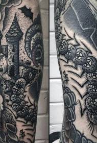 old school zwart en wit mysterieus kasteel arm tattoo patroon