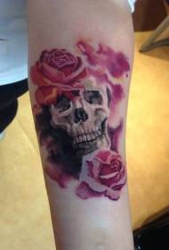 braço rosa rosa com padrão de tatuagem de caveira