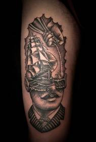 nevjerojatan crno-bijeli portret u kombinaciji s uzorkom tetovaže jedrenjaka