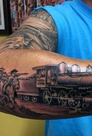 黑色的火车与西部牛仔手臂纹身图案