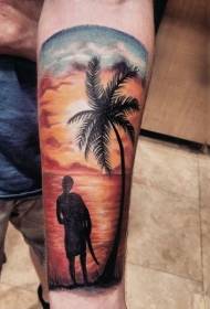 Kolora marborda flanka portreto kaj palma arbo tatuaje ŝablono