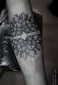 arm zwarte en witte lijn bloem met kompas tattoo patroon