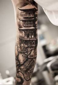 Asiako arkitektura harrigarria eta zuhaitz handi tatuaje eredua
