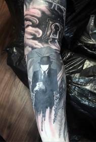 arm Aziatische cartoon mysterieuze onzichtbare man en paraplu tattoo patroon