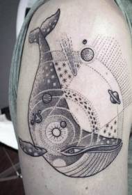 χέρι χώρο θέμα μαύρο και άσπρο πλανήτη ηλιακό σύστημα με σχέδιο τατουάζ φάλαινας