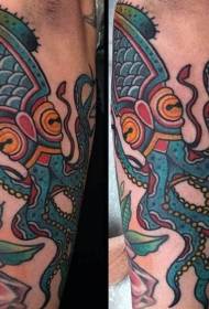 Patrón de tatuaje de brazo de calamar de color de la vieja escuela